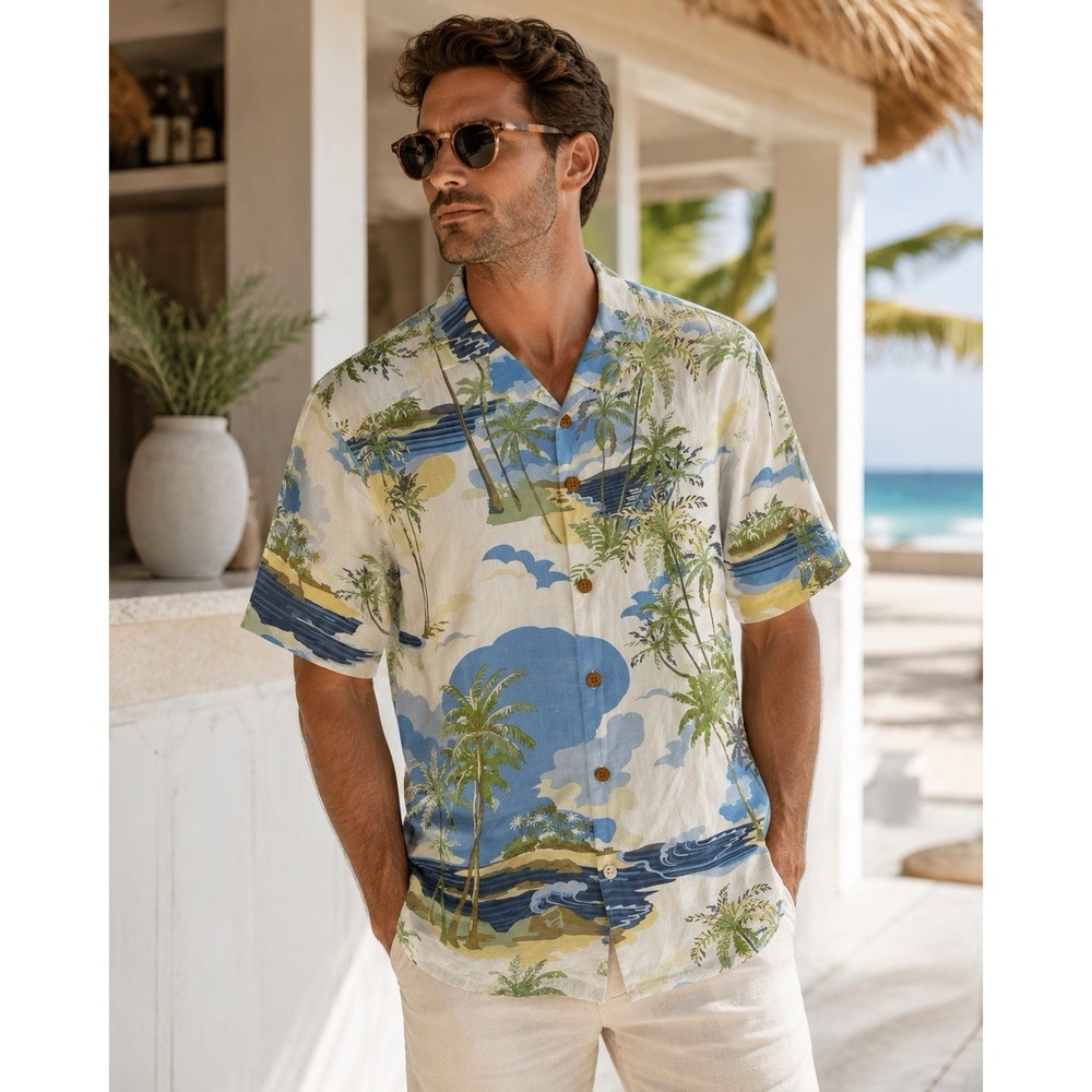 Tommy Bahama Men's M Silk Hawaiian Shirt Tropical Palm Beach Resort Wear Blue